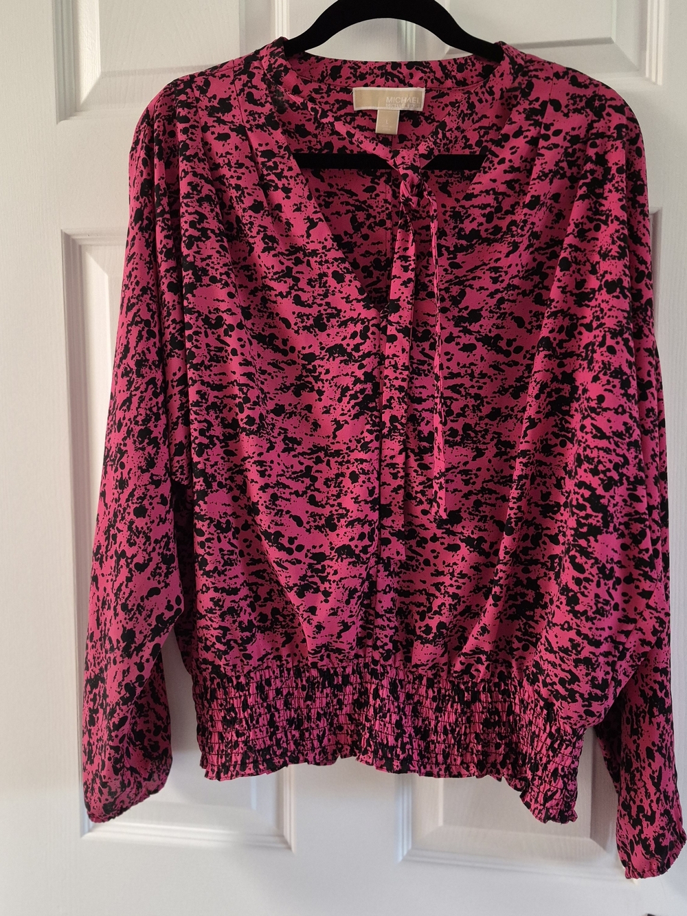 Michael Kors Hot Pink and Black  Tie-Neck Blouse Sz L